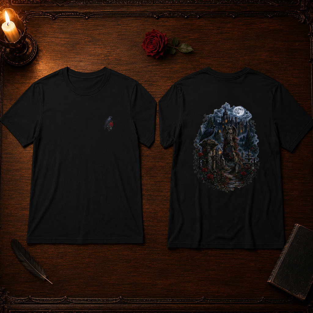 Crimson Estate Raven & Rose Gothic T-Shirt — Front & Back Print