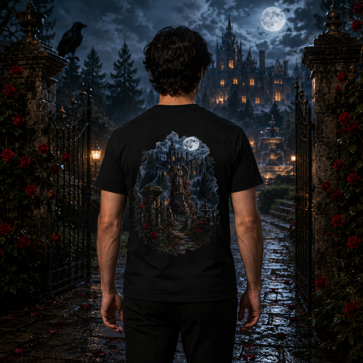 Crimson Estate Raven & Rose Gothic T-Shirt — Front & Back Print