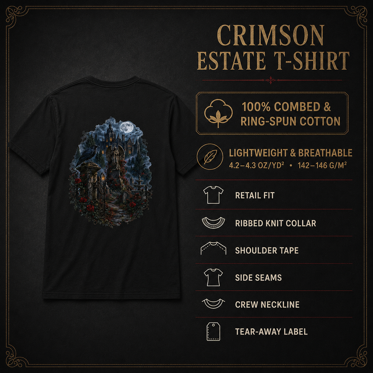 Crimson Estate Raven & Rose Gothic T-Shirt — Front & Back Print