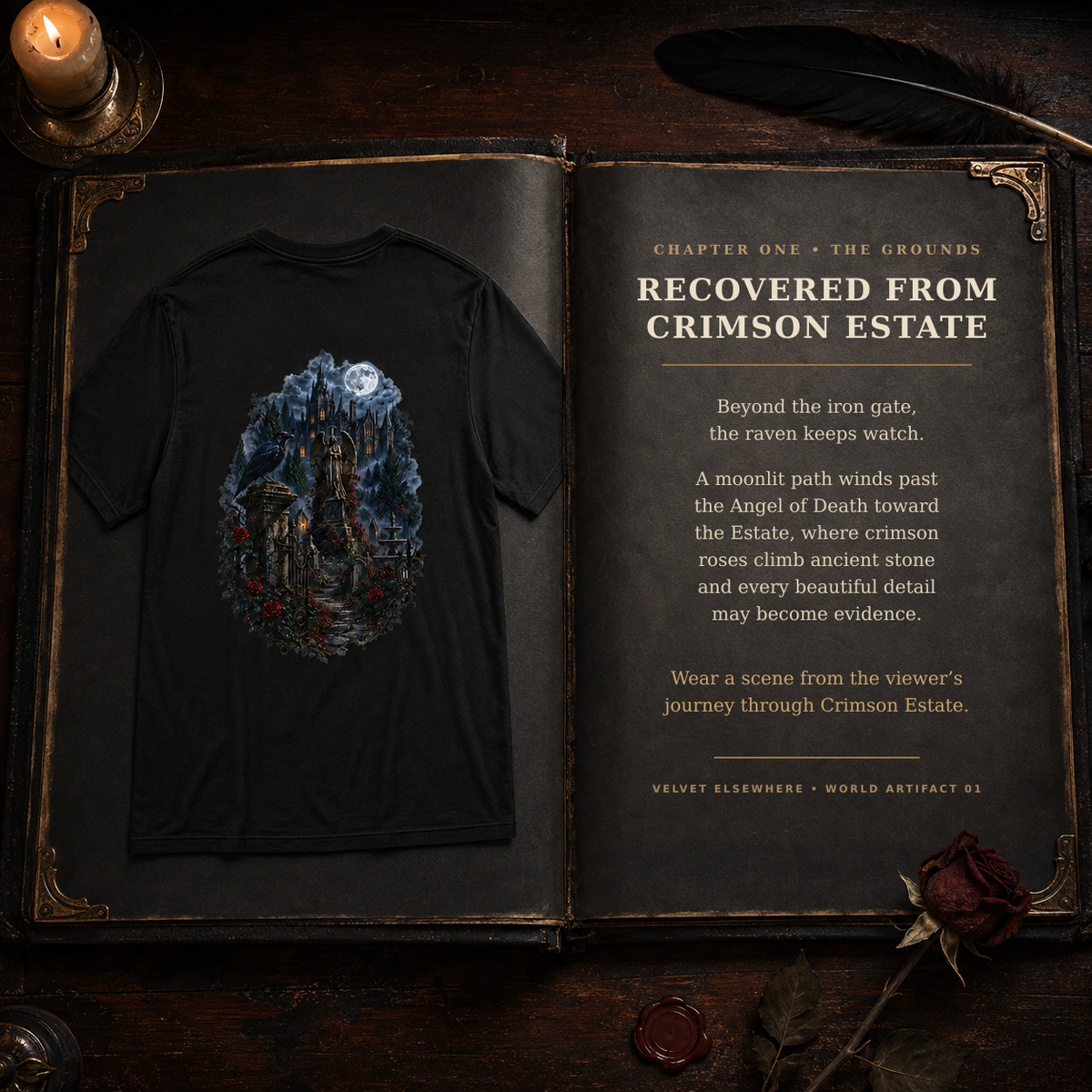 Crimson Estate Raven & Rose Gothic T-Shirt — Front & Back Print
