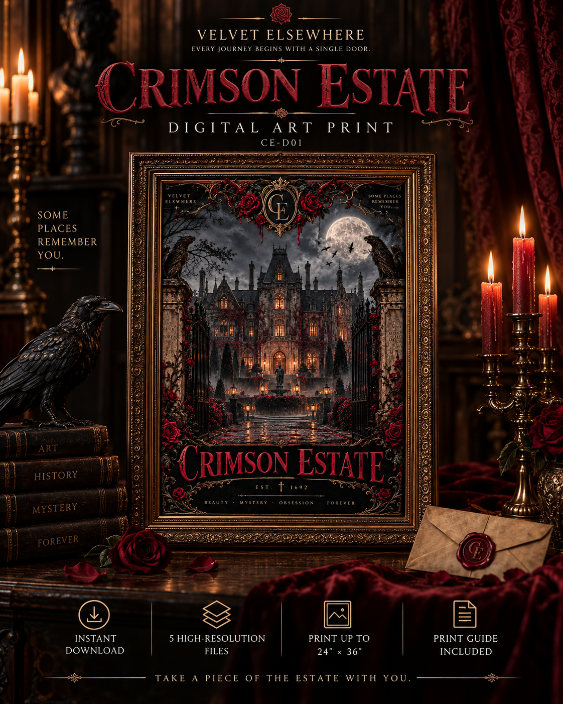 Crimson Estate — Gothic Mansion Digital Art Print