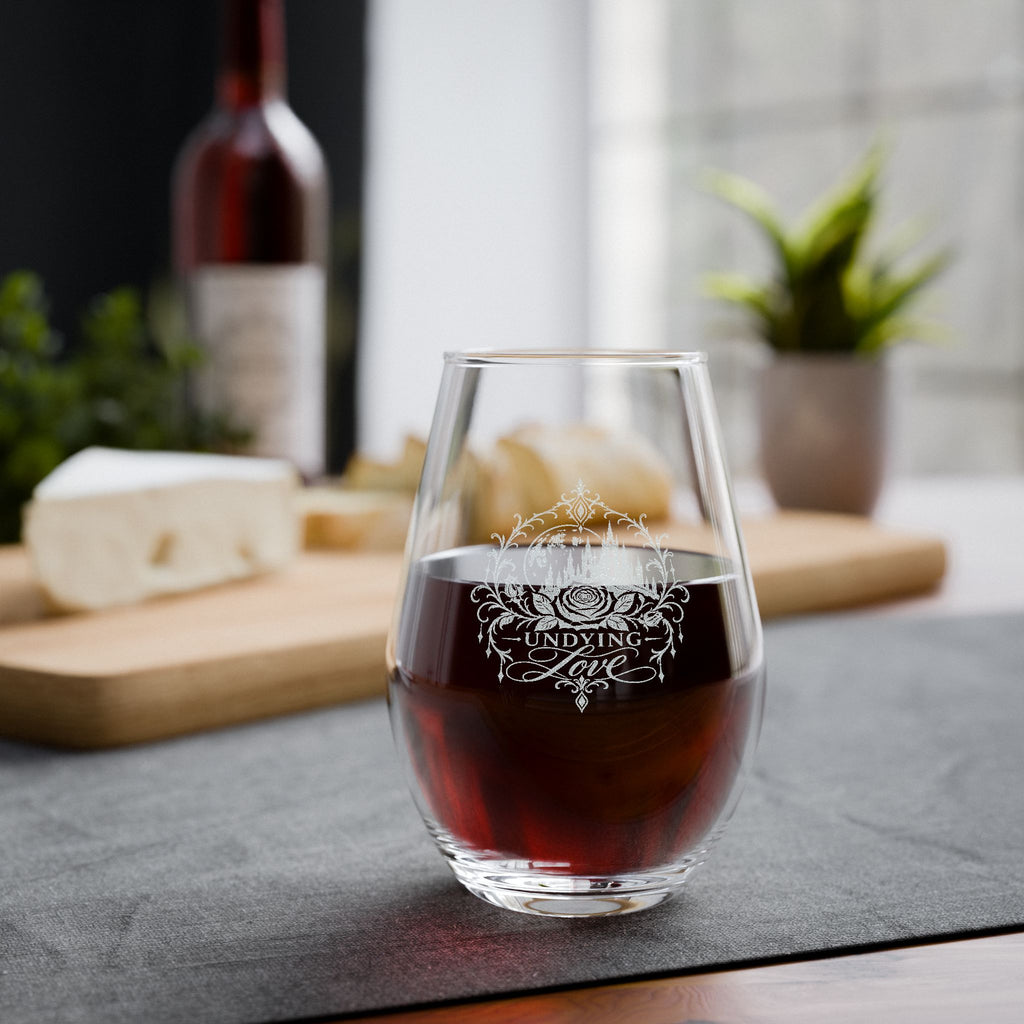 Undying Love Engraved Stemless Wine Glass – Gothic Romance 11.5 oz
