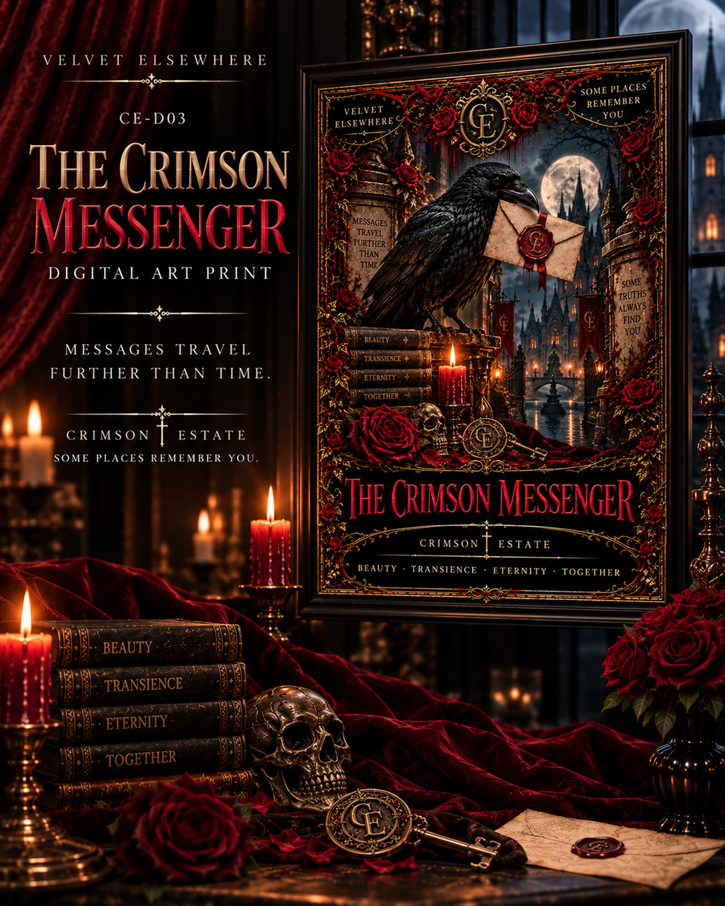 The Crimson Messenger — Gothic Raven Digital Art Print | Crimson Estate