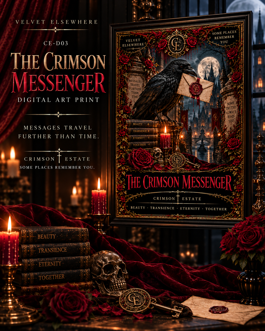 The Crimson Messenger — Gothic Raven Digital Art Print | Crimson Estate