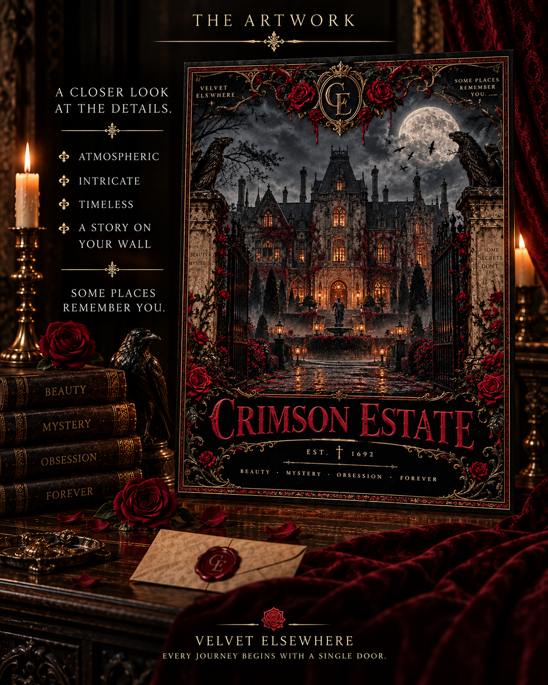 Crimson Estate — Gothic Mansion Digital Art Print