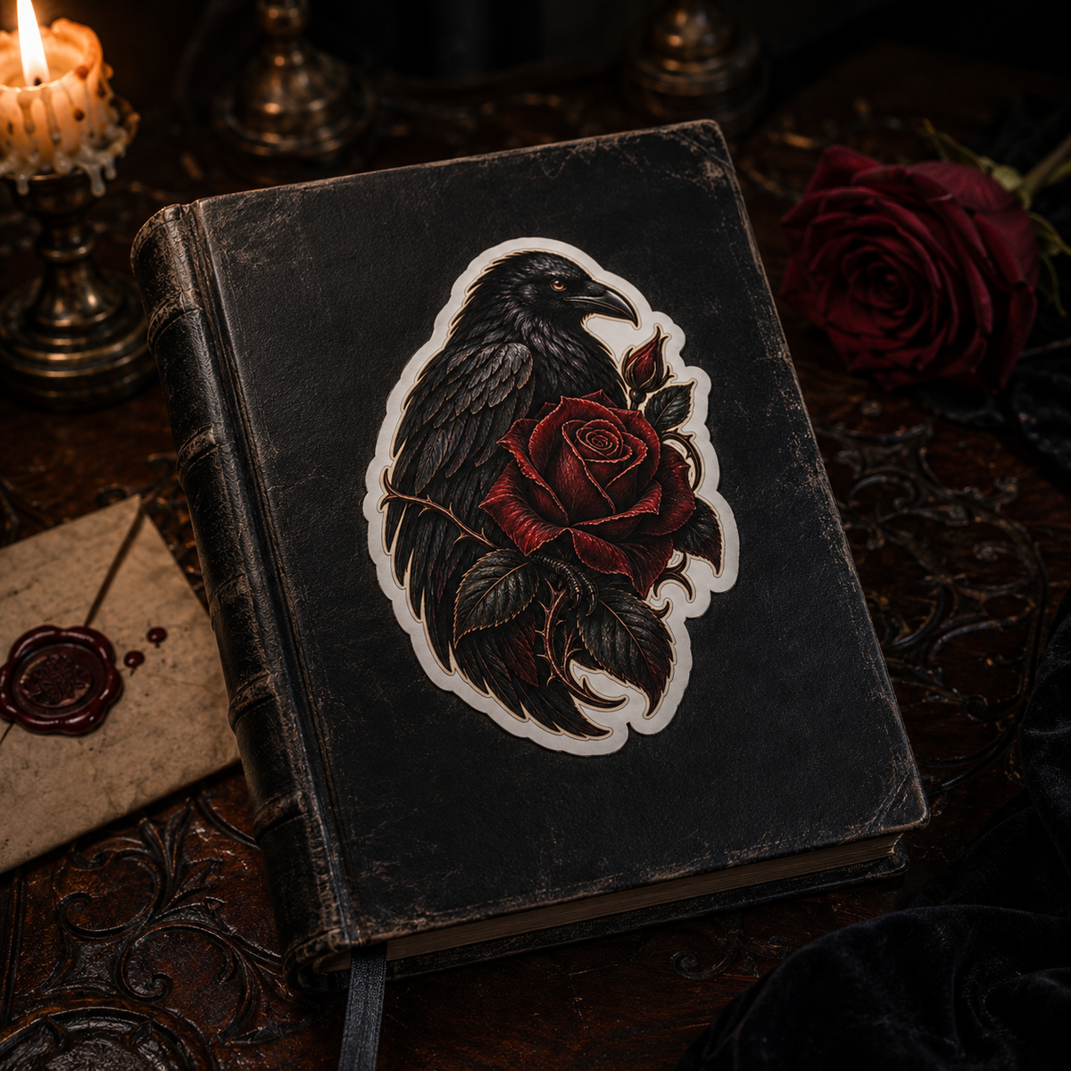 The Crimson Messenger - Raven & Red Rose Sticker — Gothic Kiss-Cut Laptop Decal
