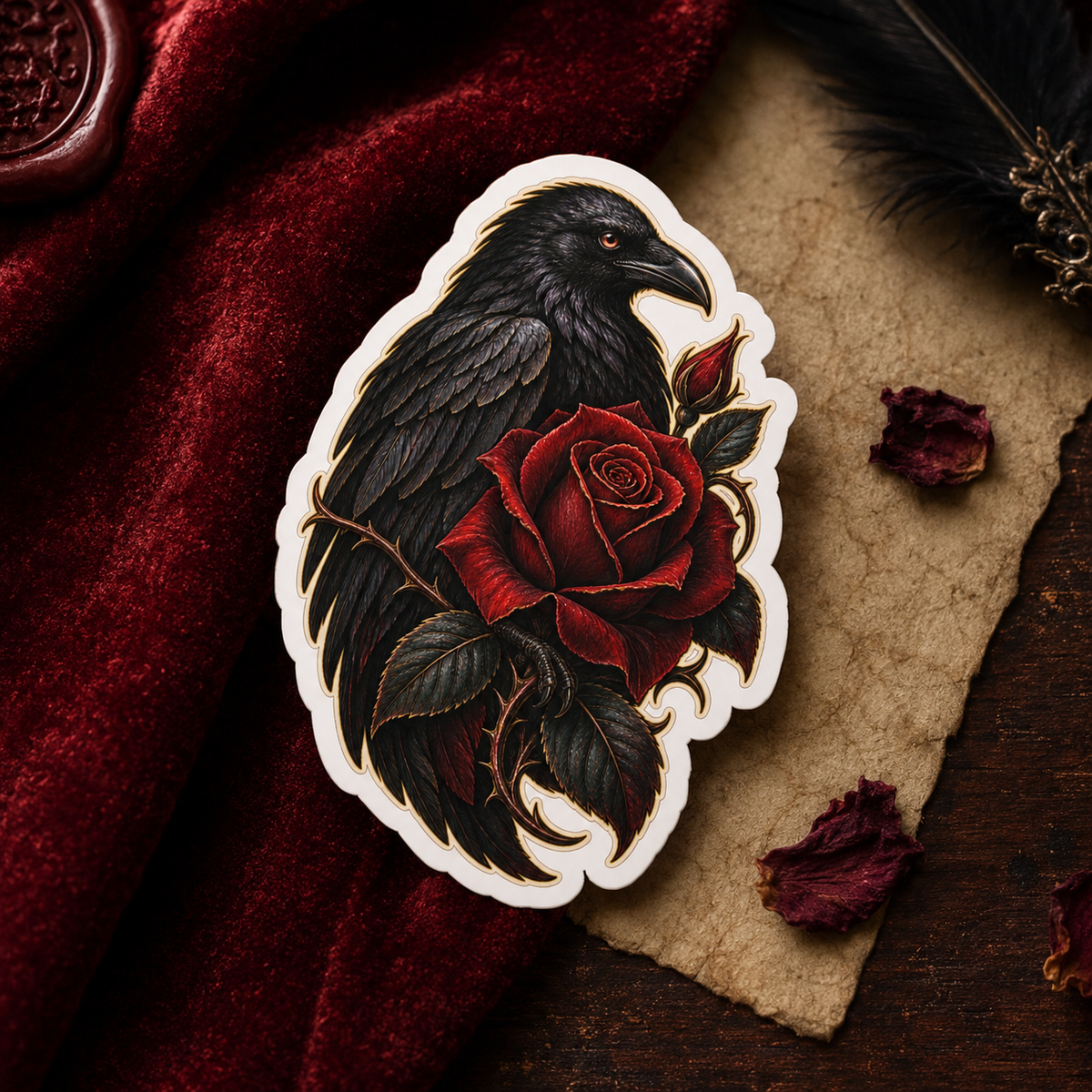 The Crimson Messenger - Raven & Red Rose Sticker — Gothic Kiss-Cut Laptop Decal