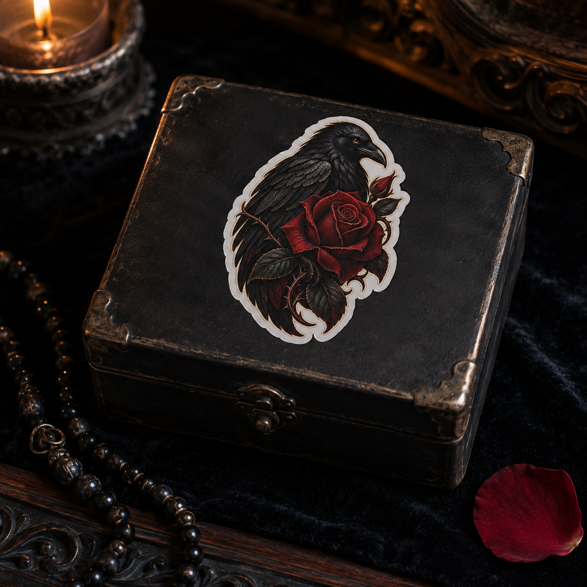 The Crimson Messenger - Raven & Red Rose Sticker — Gothic Kiss-Cut Laptop Decal