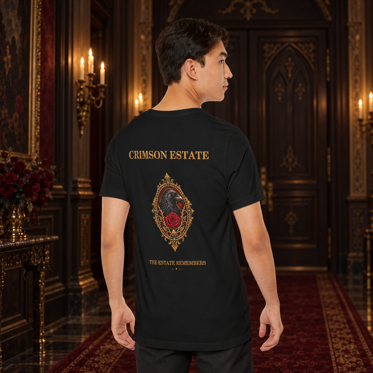 Crimson Estate Raven and Rose T-Shirt – Gothic Crest Graphic Tee