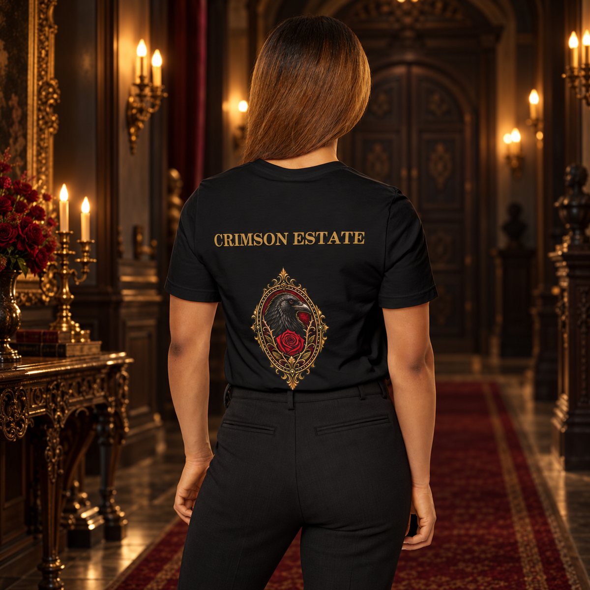 Crimson Estate Raven and Rose T-Shirt – Gothic Crest Graphic Tee