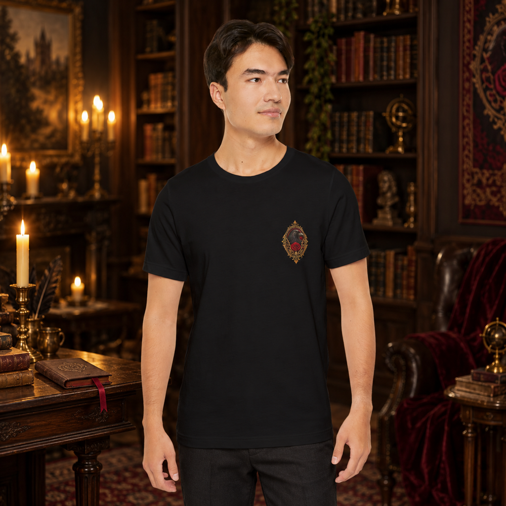 Crimson Estate Raven and Rose T-Shirt – Gothic Crest Graphic Tee