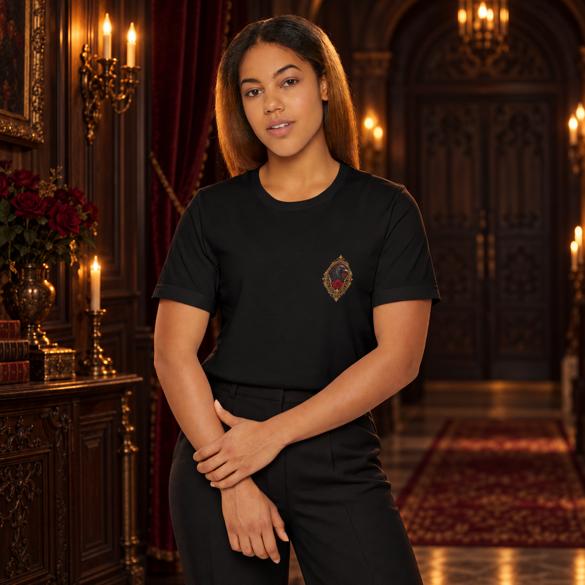 Crimson Estate Raven and Rose T-Shirt – Gothic Crest Graphic Tee