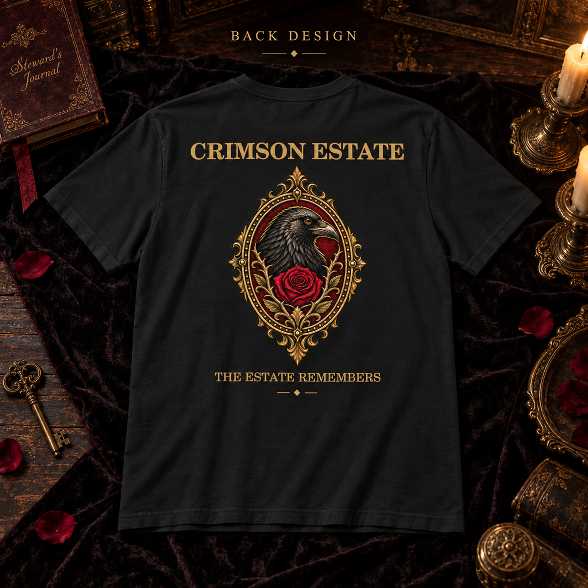 Crimson Estate Raven and Rose T-Shirt – Gothic Crest Graphic Tee