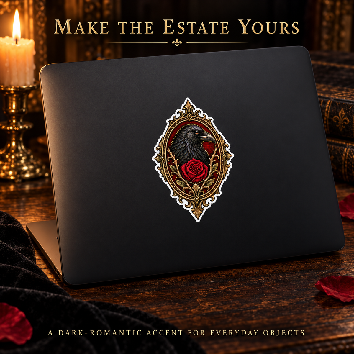 Crimson Estate Crest Vinyl Sticker – Gothic Raven and Red Rose Decal