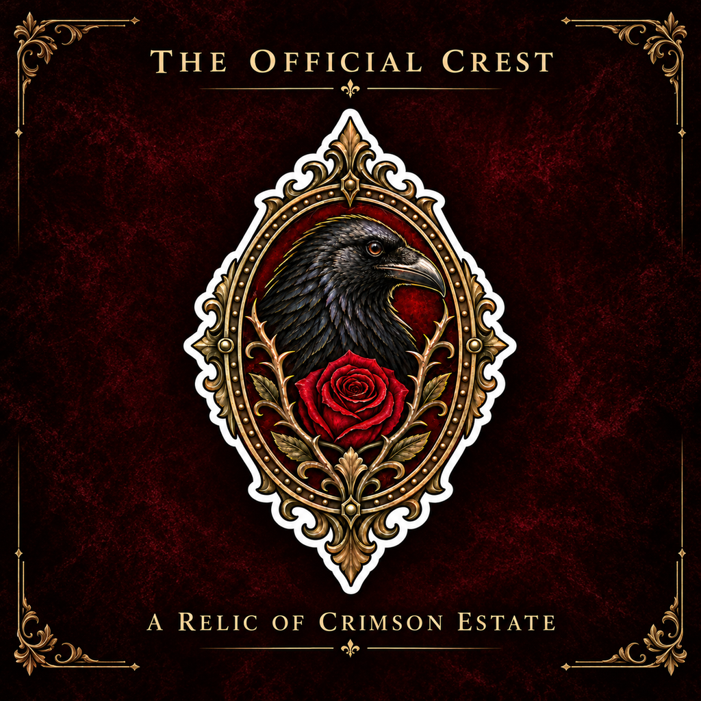 Crimson Estate Crest Vinyl Sticker – Gothic Raven and Red Rose Decal