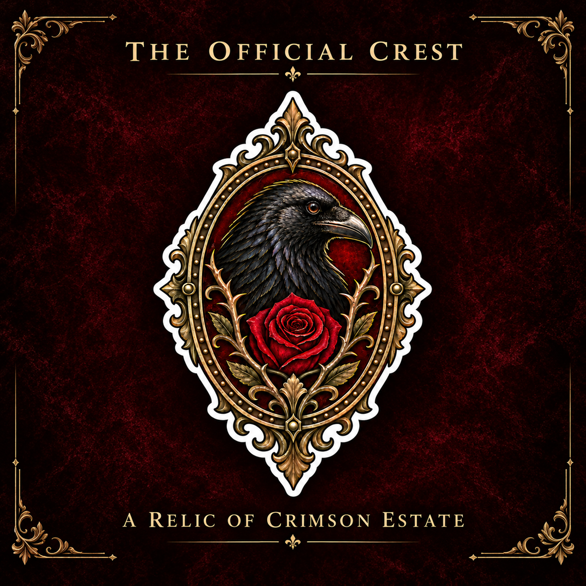 Crimson Estate Crest Vinyl Sticker – Gothic Raven and Red Rose Decal
