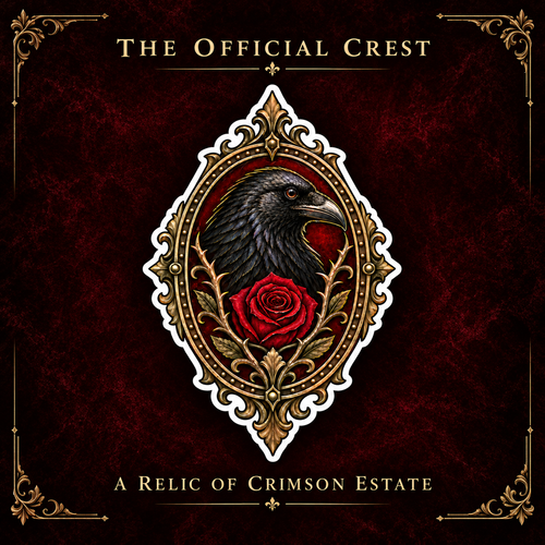 Crimson Estate Crest Vinyl Sticker – Gothic Raven and Red Rose Decal