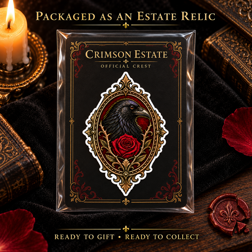 Crimson Estate Crest Vinyl Sticker – Gothic Raven and Red Rose Decal
