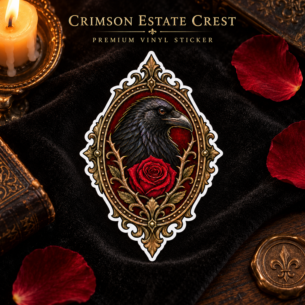 Crimson Estate Crest Vinyl Sticker – Gothic Raven and Red Rose Decal