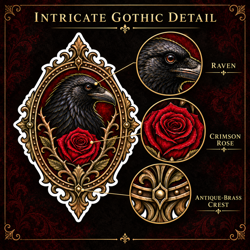 Crimson Estate Crest Vinyl Sticker – Gothic Raven and Red Rose Decal
