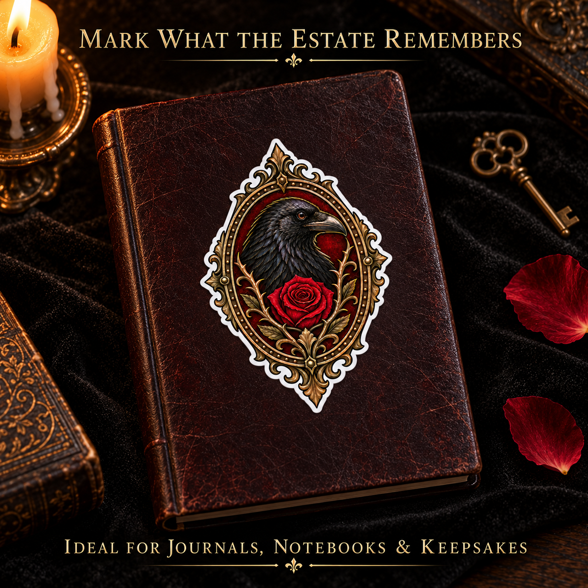 Crimson Estate Crest Vinyl Sticker – Gothic Raven and Red Rose Decal