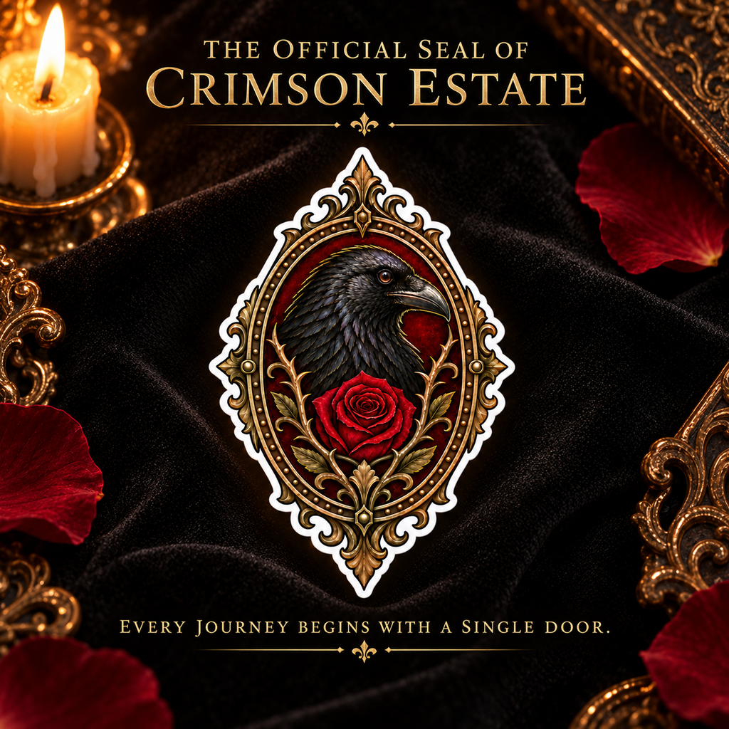 Crimson Estate Crest Vinyl Sticker – Gothic Raven and Red Rose Decal
