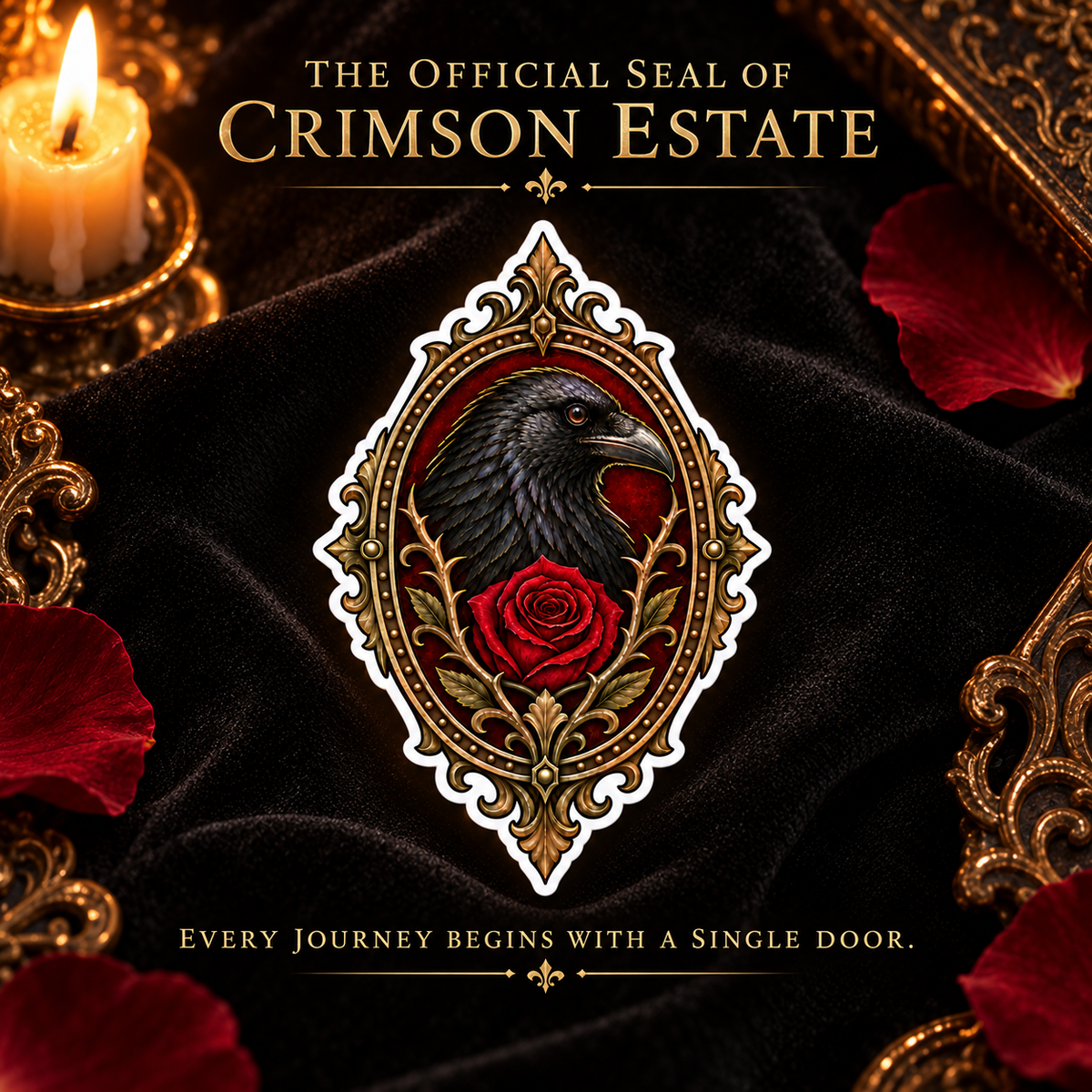 Crimson Estate Crest Vinyl Sticker – Gothic Raven and Red Rose Decal
