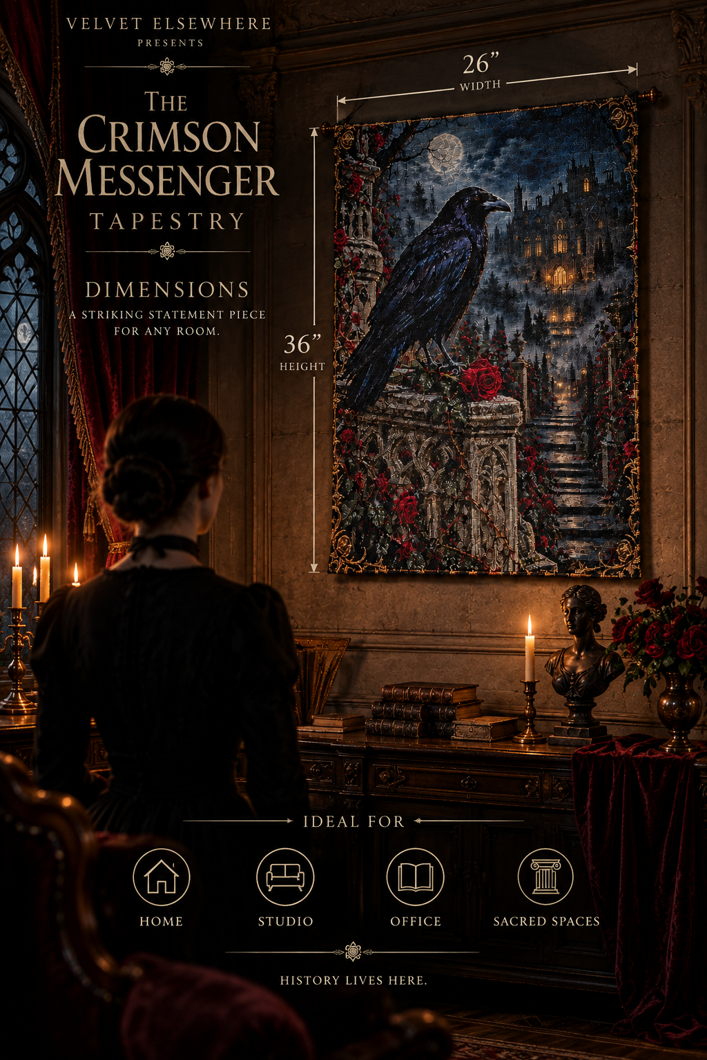 The Crimson Messenger Gothic Raven Wall Tapestry – 26″ × 36″