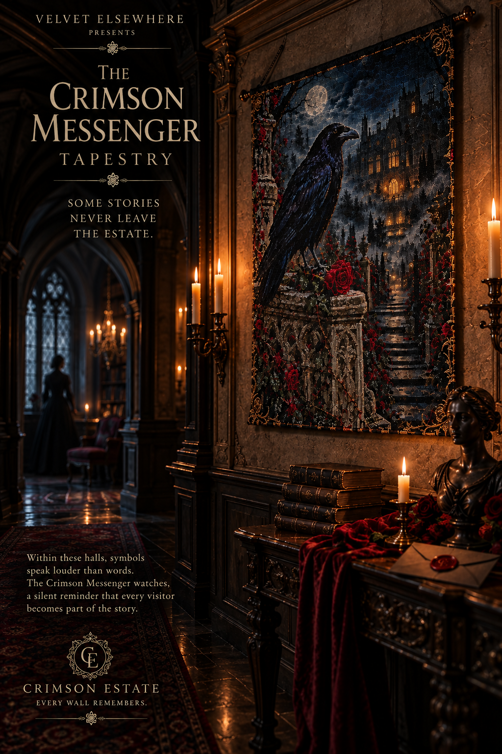 The Crimson Messenger Gothic Raven Wall Tapestry – 26″ × 36″
