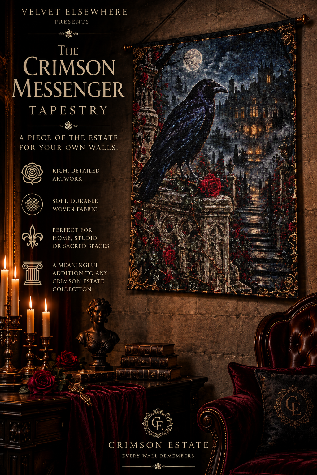 The Crimson Messenger Gothic Raven Wall Tapestry – 26″ × 36″