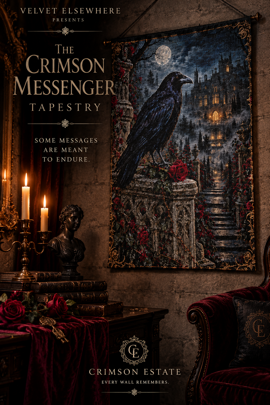 The Crimson Messenger Gothic Raven Wall Tapestry – 26″ × 36″