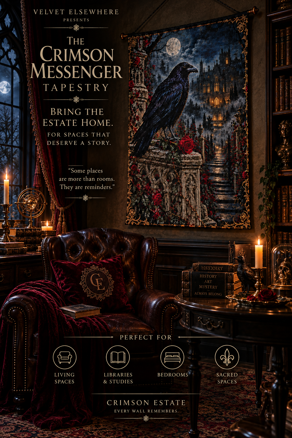 The Crimson Messenger Gothic Raven Wall Tapestry – 26″ × 36″