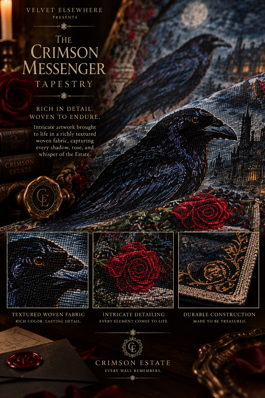 The Crimson Messenger Gothic Raven Wall Tapestry – 26″ × 36″