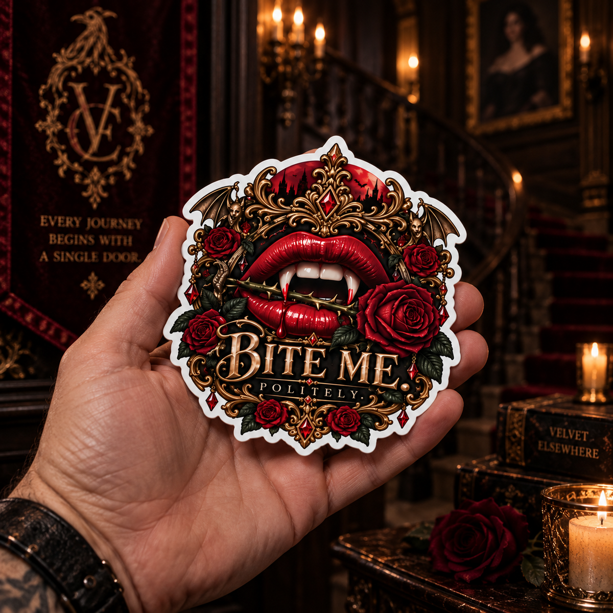 Vampire Fangs 'Bite Me Politely' Kiss-Cut Sticker