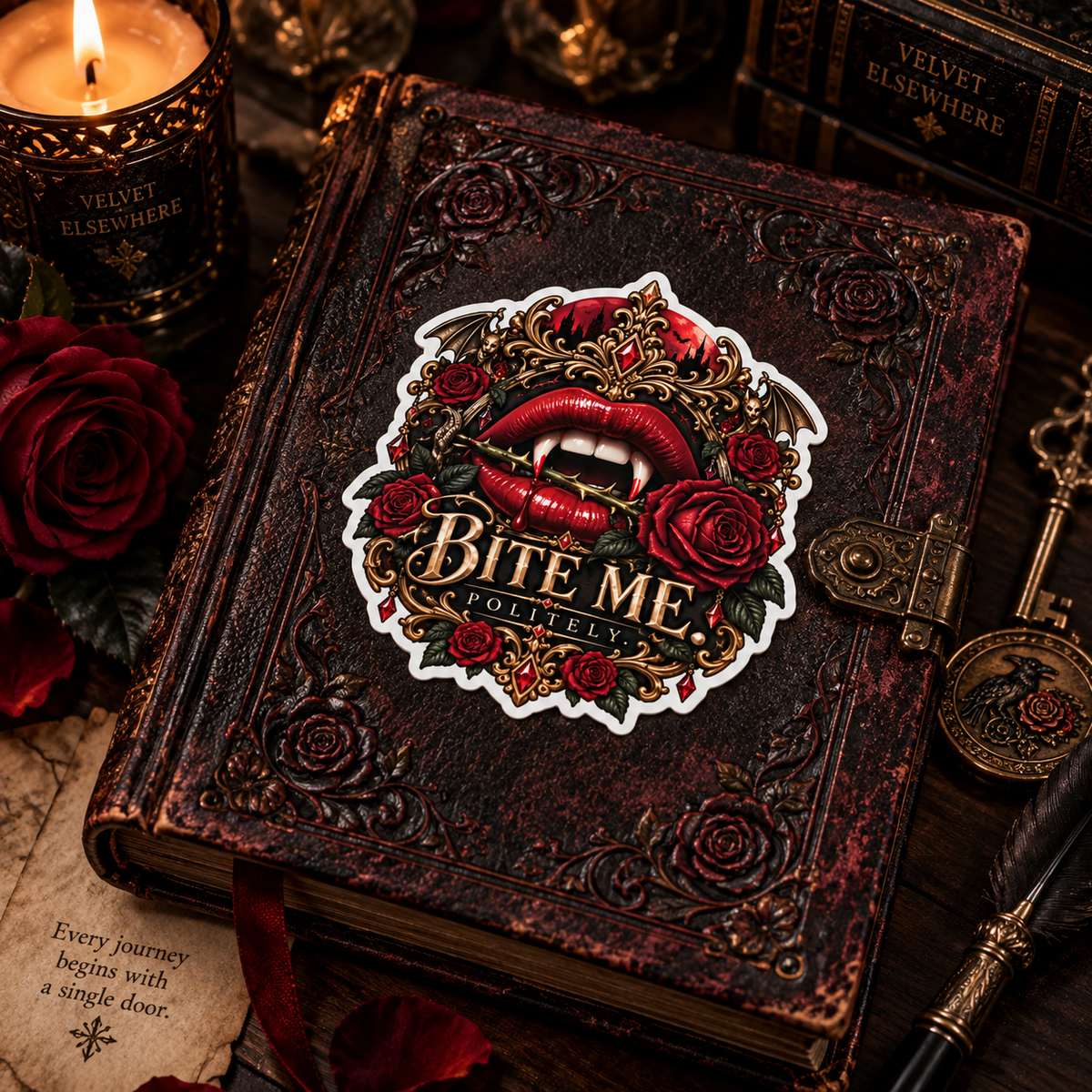 Vampire Fangs 'Bite Me Politely' Kiss-Cut Sticker