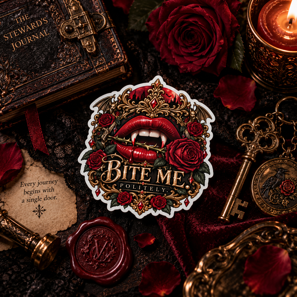 Vampire Fangs 'Bite Me Politely' Kiss-Cut Sticker