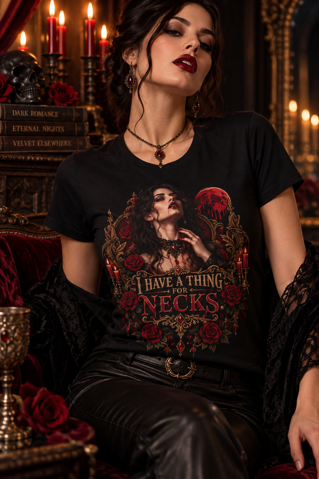 Vampire Goth T-Shirt — "I Have a Thing for Necks" Dark Rose Graphic Tee