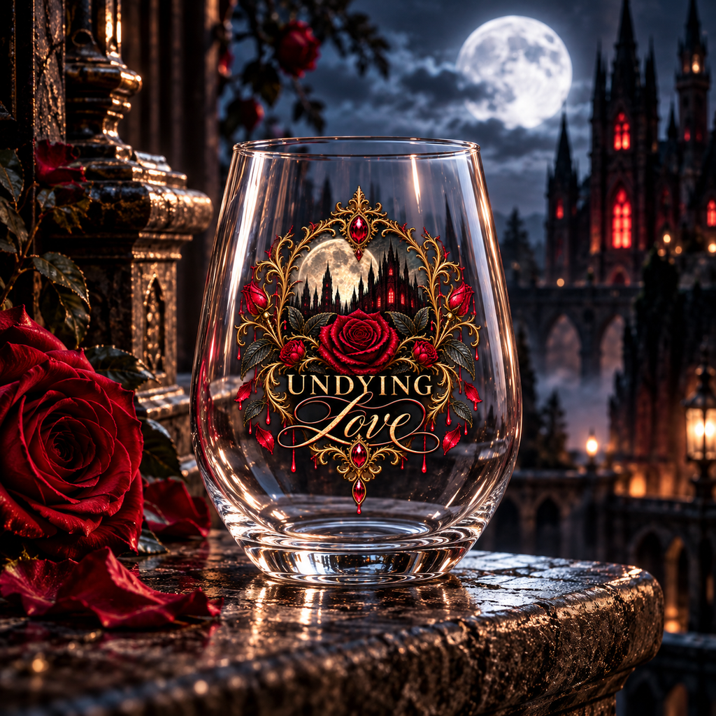 Undying Love Stemless Wine Glass — Gothic Rose Romance 11.75oz