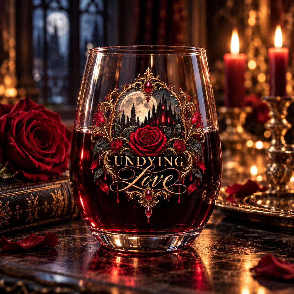 Undying Love Stemless Wine Glass — Gothic Rose Romance 11.75oz