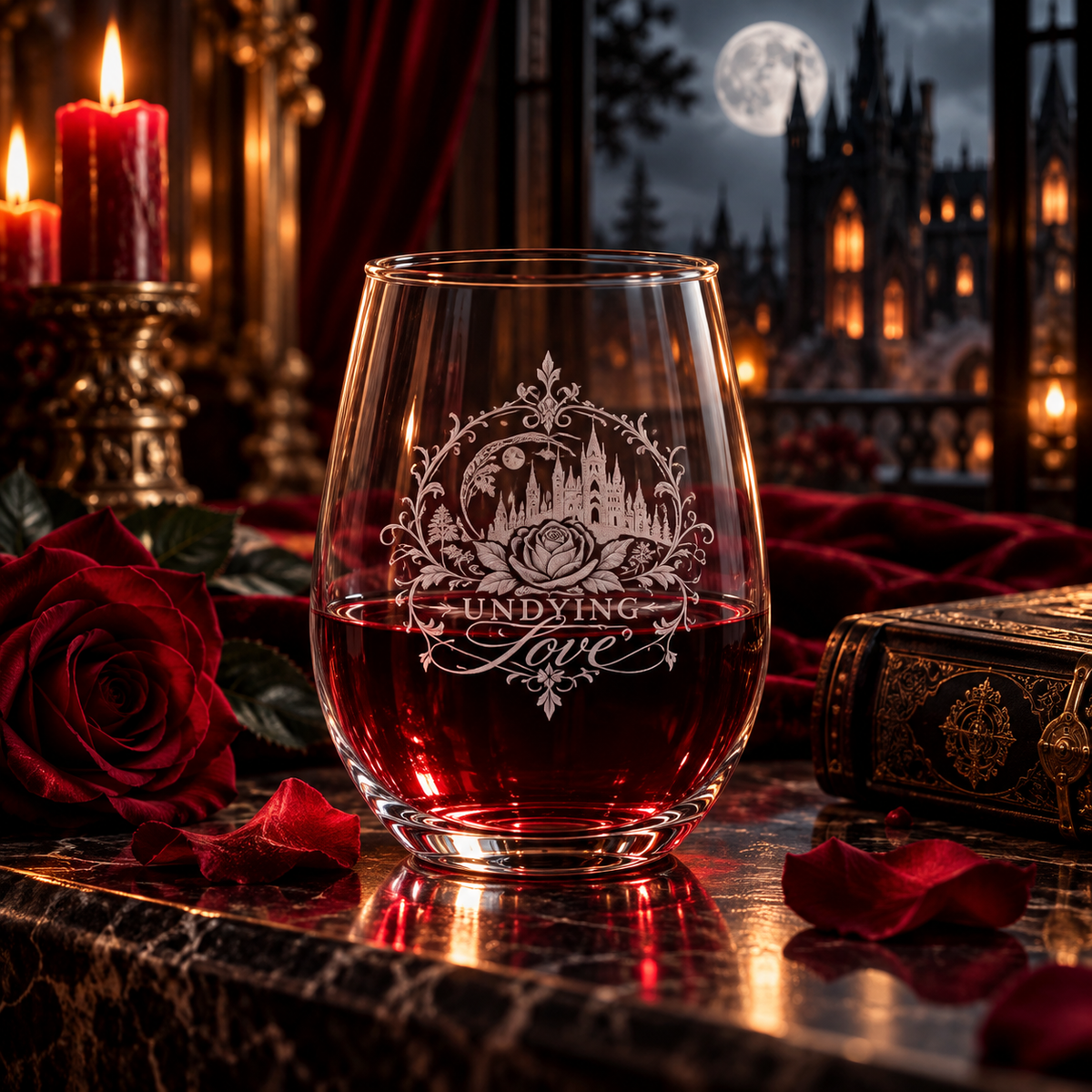 Undying Love Engraved Stemless Wine Glass – Gothic Romance 11.5 oz