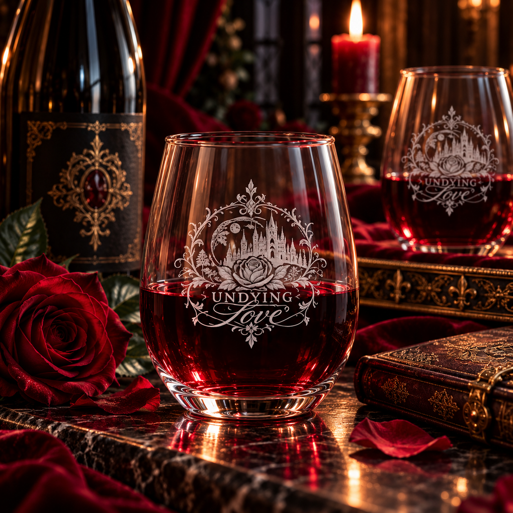 Undying Love Engraved Stemless Wine Glass – Gothic Romance 11.5 oz