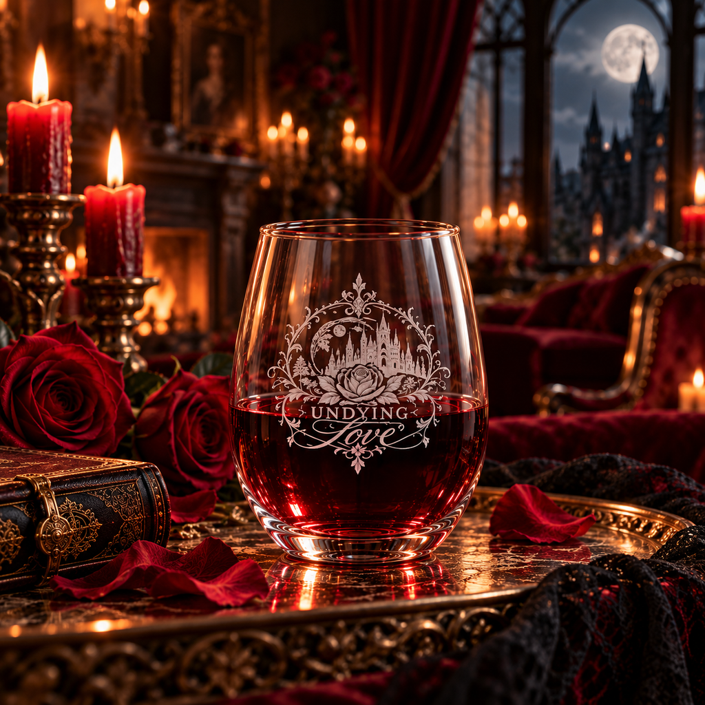 Undying Love Engraved Stemless Wine Glass – Gothic Romance 11.5 oz