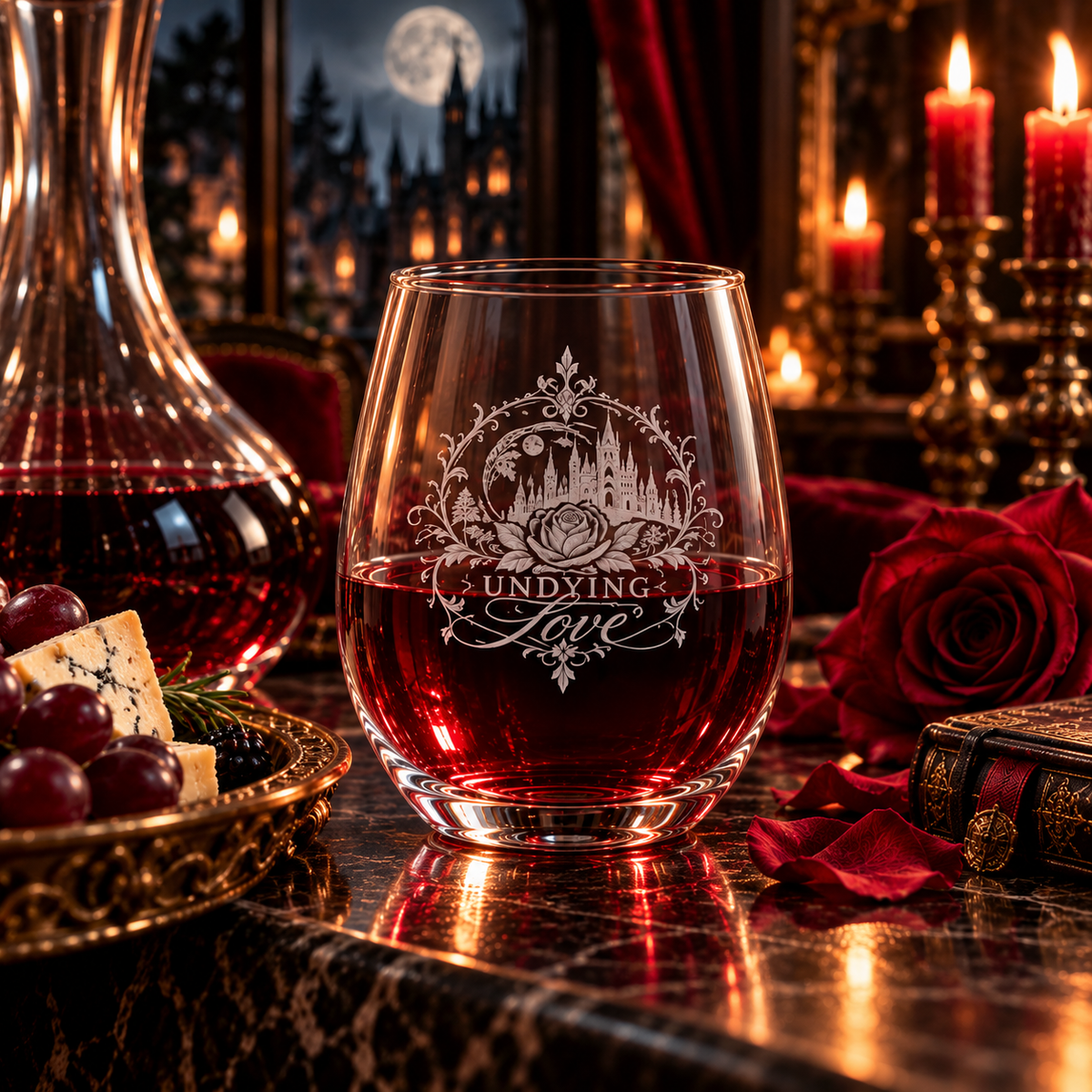 Undying Love Engraved Stemless Wine Glass – Gothic Romance 11.5 oz