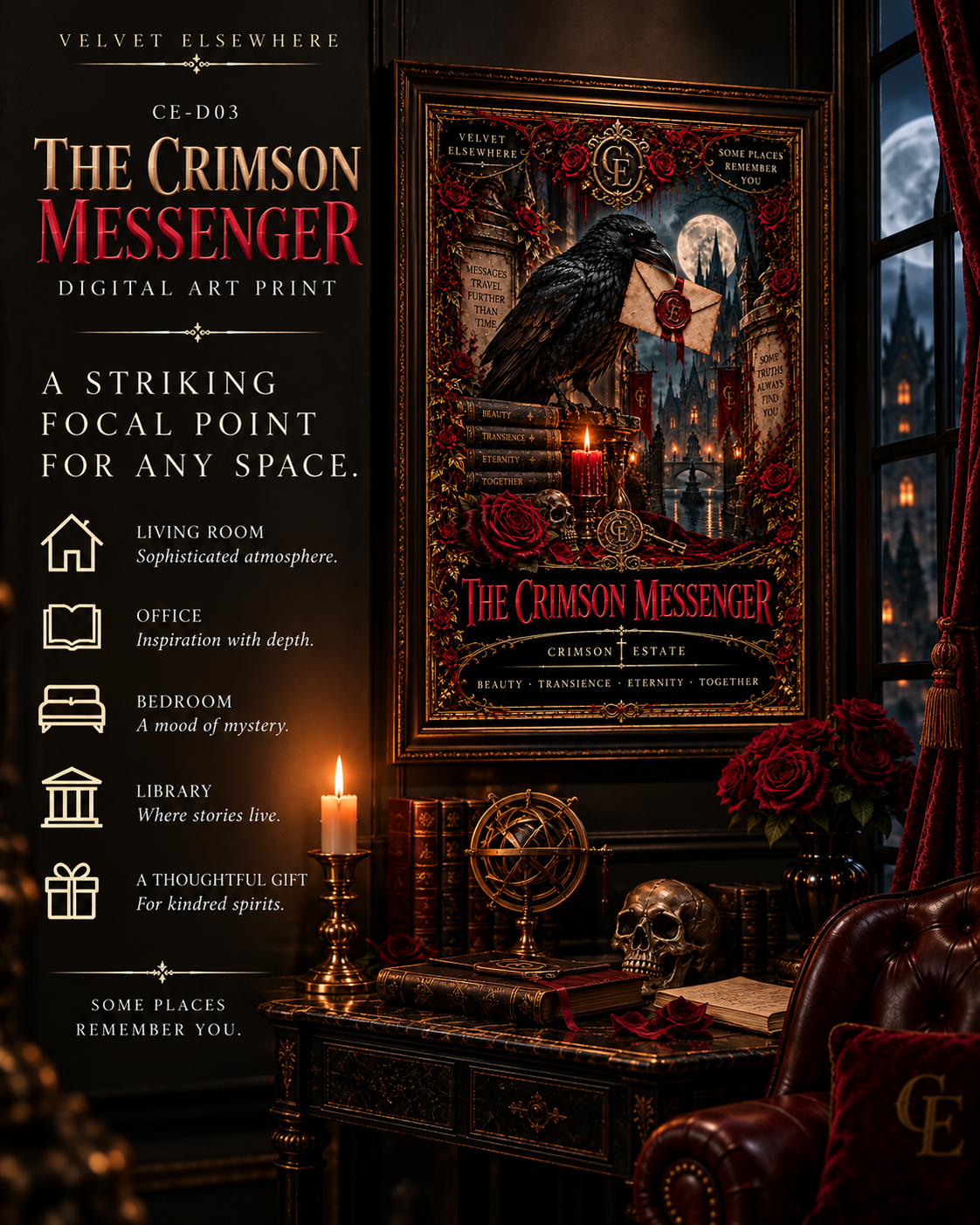 The Crimson Messenger — Gothic Raven Digital Art Print | Crimson Estate