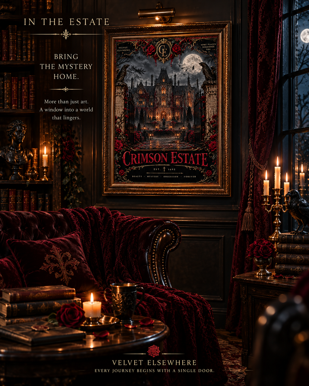 Crimson Estate — Gothic Mansion Digital Art Print