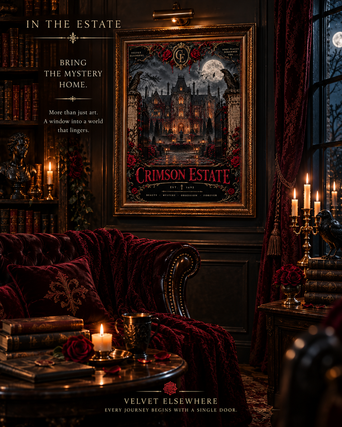 Crimson Estate — Gothic Mansion Digital Art Print