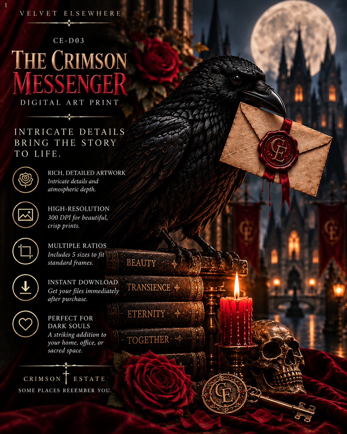 The Crimson Messenger — Gothic Raven Digital Art Print | Crimson Estate