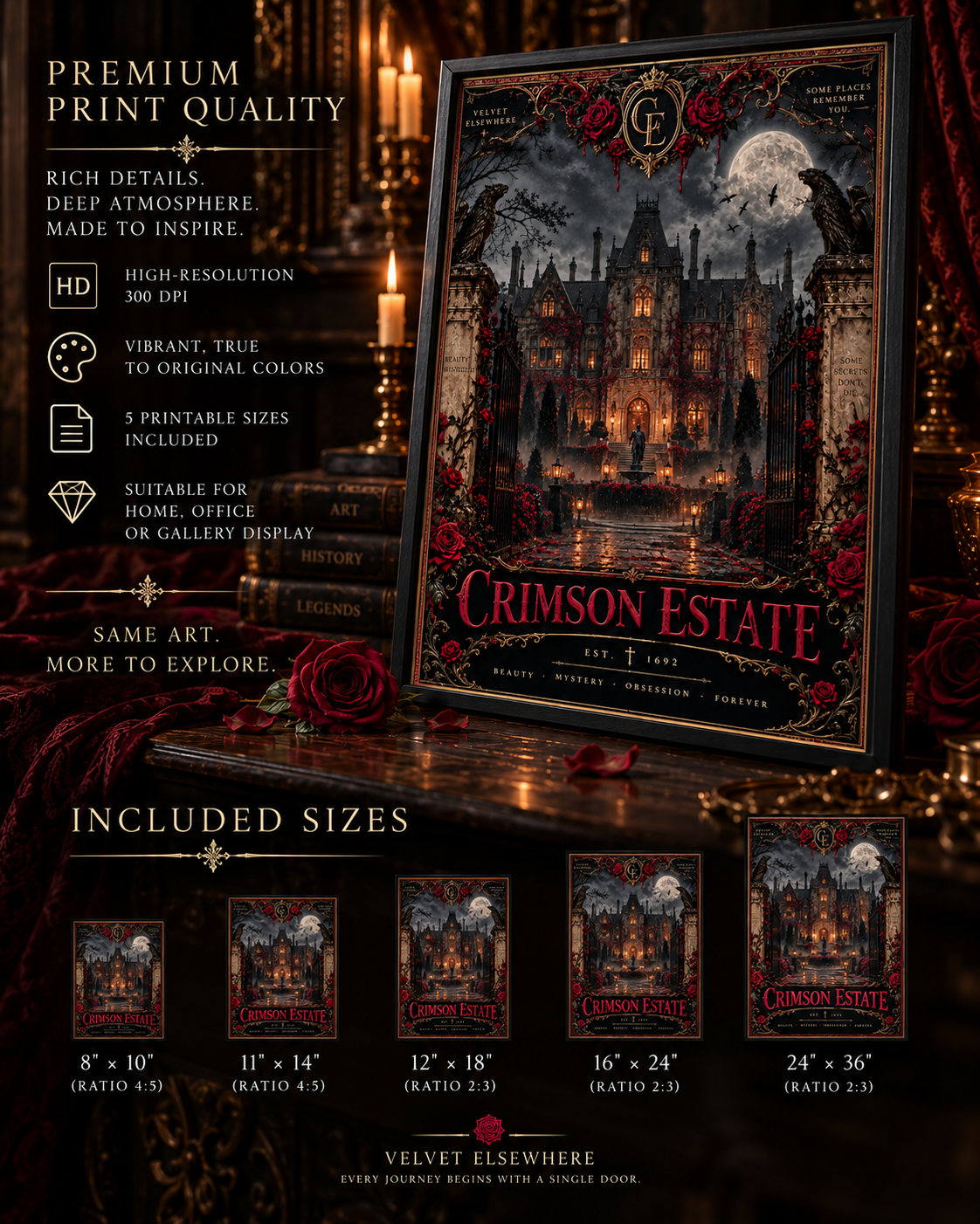 Crimson Estate — Gothic Mansion Digital Art Print