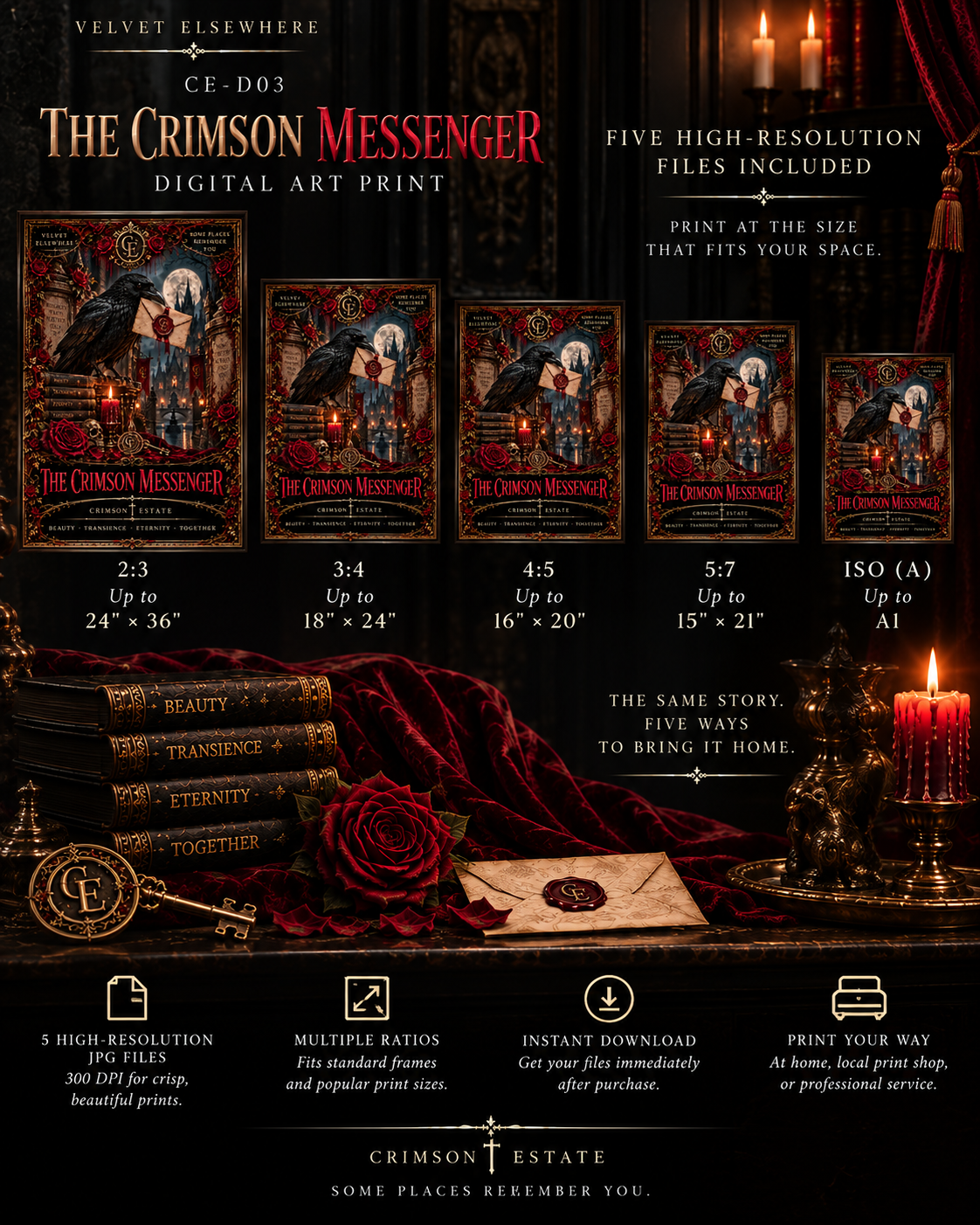 The Crimson Messenger — Gothic Raven Digital Art Print | Crimson Estate