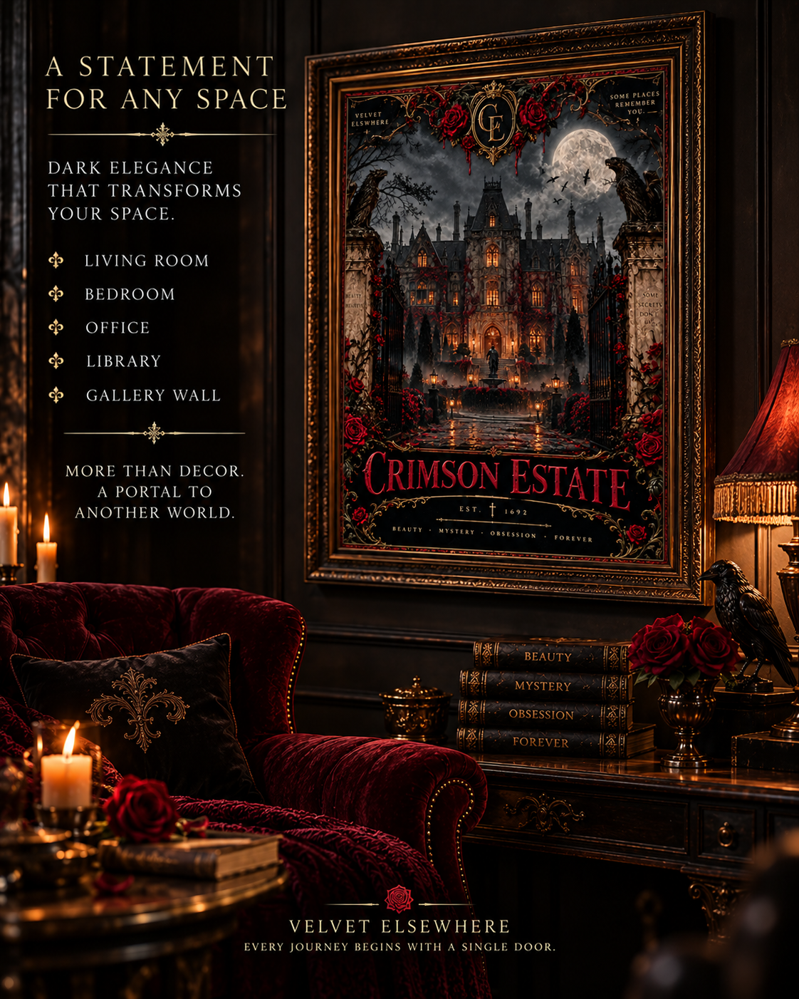 Crimson Estate — Gothic Mansion Digital Art Print